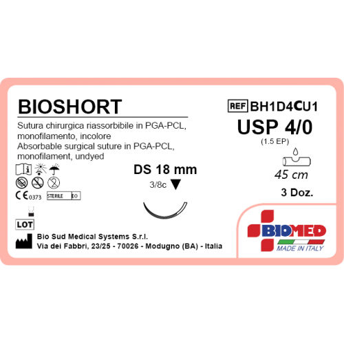 SUTURA BIOSHORT4/0 3/8C TRIAN DS18MM 45MM INCOLORE